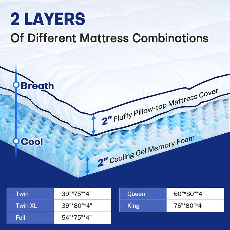 Vipfree Dual Layer Cooling Gel Memory Foam Mattress Topper 4 Inch Queen Size with Pressure Relieving Support and Breathable Cooling Gel Layer